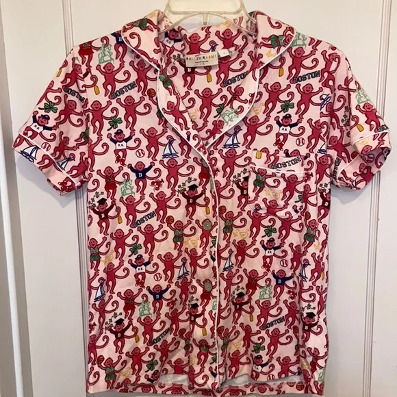 New ROLLER RABBIT PINK BOSTON MONKEYS POLO PAJAMAS TOP SZ MED PREPPY COTTON PJ - Picture 2 of 16